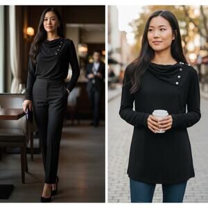 NWT DVF Diane Von Furstenberg Size L Black Turtle Top Snap Up Funnel Neck $125